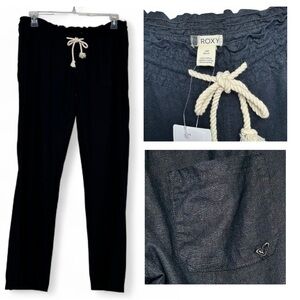 NWT Roxy Large Black Oceanside Pant Beach Surf Travel Linen Blend